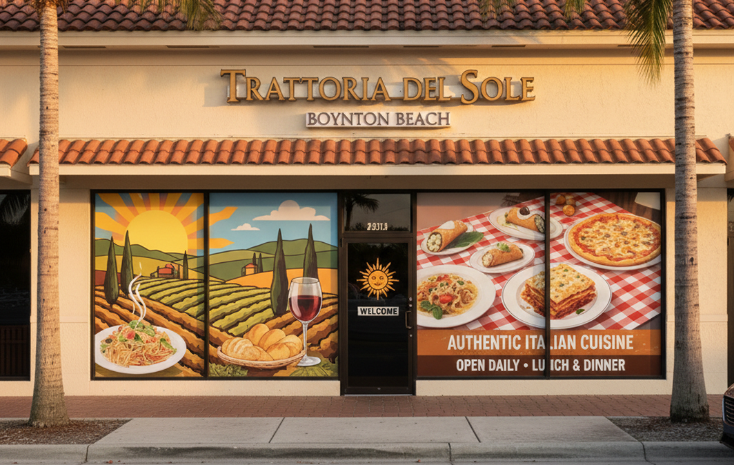 Modern storefront with professional window graphics displaying business hours and branding in Boynton Beach
